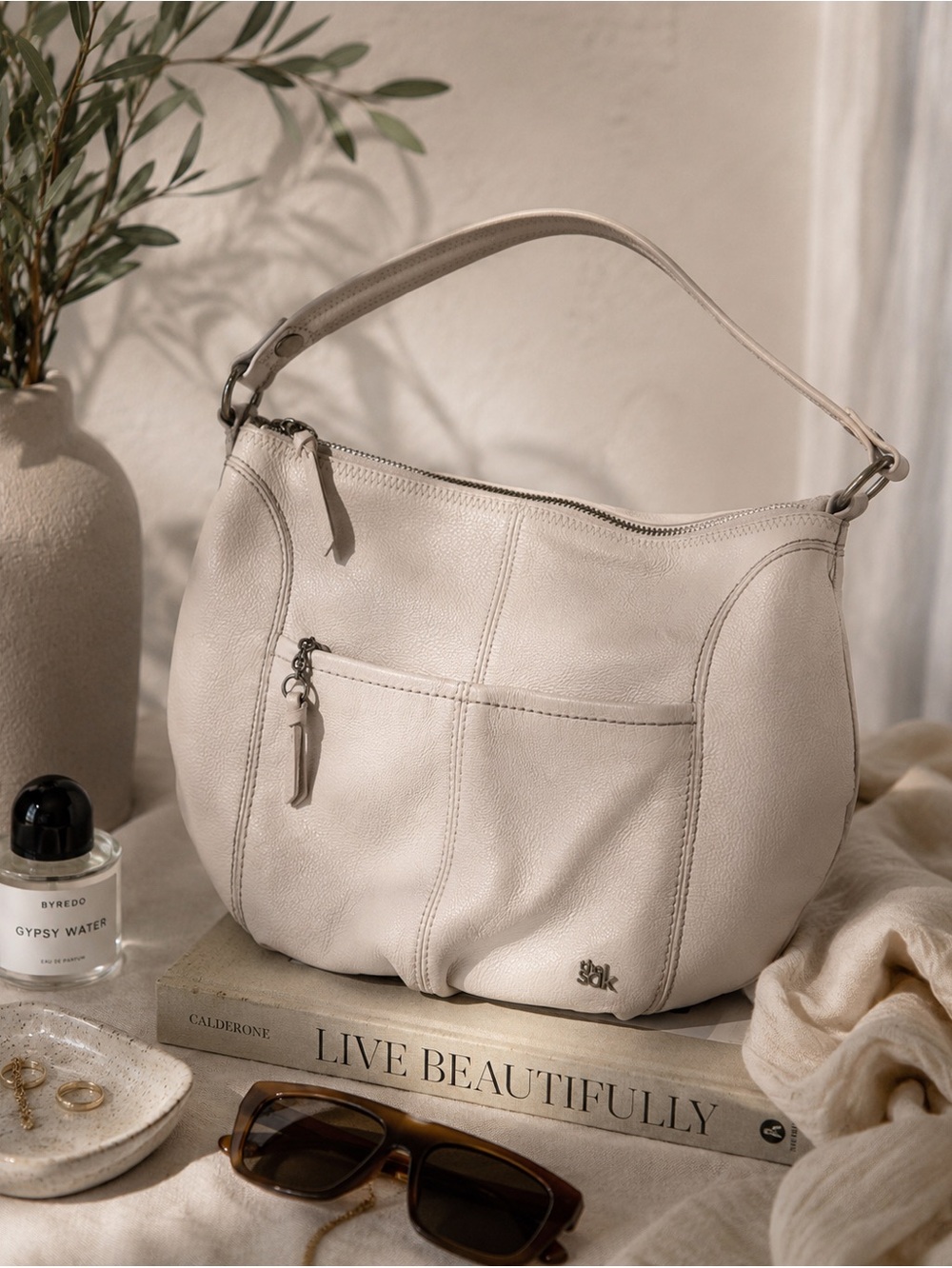 The Sak Iris Hobo Bag Ivory Pebbled Leather Purse Boho Minimalist Zip Tote
